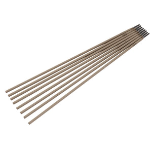 Eight Draper Welding Electrodes, 4.0mm (5Kg Pack) - WR40A/5KG, are arranged parallel to each other, featuring black tips on one end.