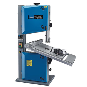 A blue and gray bandsaw machine labeled "Draper Storm Force® Bandsaw, 305mm, 750W - BS305/750SF." This Draper machine features a tilted and adjustable metal work table for cutting and supports mitre and bevel cutting for precise angles.