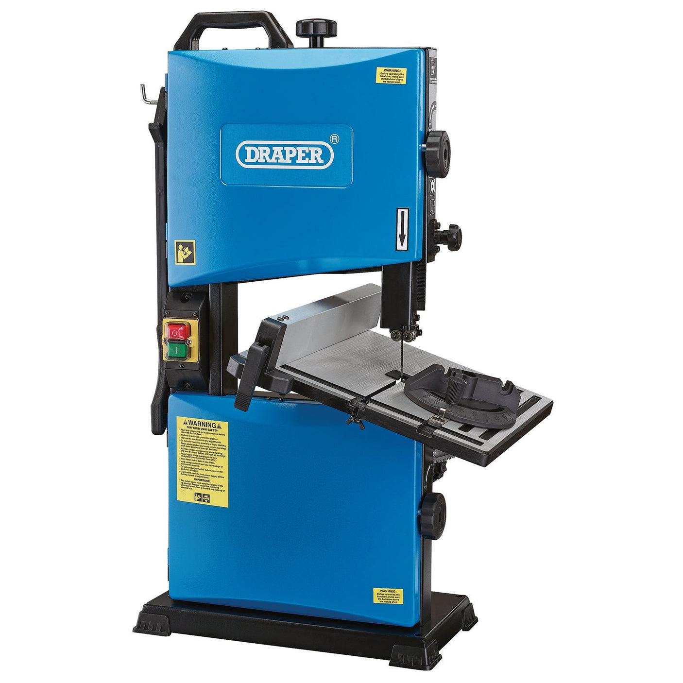 The Draper Bandsaw, 228mm, 300W - BS228/300D, featuring a blue casing, adjustable table, blade guides, and safety switches is ideal for trade professionals seeking precise cutting. Displayed on a white background.