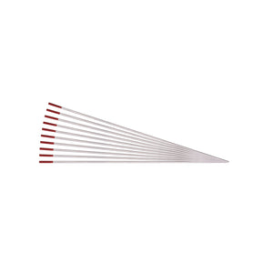 A fanned arrangement of 11 Draper Thoriated Tungsten Electrodes, 1.6 x 150mm, with red tips, laid out on a white background.