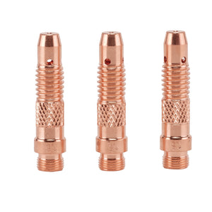 Three Draper Tig Torch Collet Bodies, 1.6mm, for Stock No. 70087 and 57096 (Pack of 3) - AWTRCHTIG/COLB, with threaded connectors and diamond-patterned grips are aligned vertically in a row, perfect for any TIG torch setup.