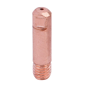 A close-up image of a Draper Mb15 MIG Torch Tip, 0.8mm, showcasing its cylindrical copper-colored threaded design made from high conductivity copper alloy, essential for the MB15 MIG welding torches' contact tips.