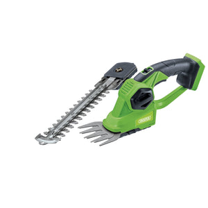 The Draper D20 20V 2-In-1 Grass and Hedge Trimmer (Sold Bare) - D20G/GST20, by Draper, is a green handheld cordless trimmer with a rechargeable lithium-ion battery, featuring a black handle and silver cutting blade.