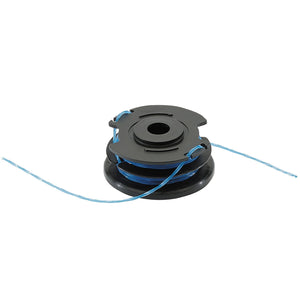 The Draper Grass Trimmer Spool and Line for 98504 - AD20G/GT40 is a black spool with blue nylon line coiled around it, featuring two lines extending out from the sides.