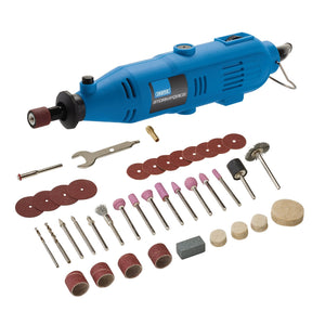 A Draper Storm Force® 230V Rotary Multi-Tool Kit, 135W (40 Piece) - MT135SF40 with variable speed control and various attachments, including grinding stones, sanding discs, drill bits, and polishing wheels, arranged neatly on a white background.