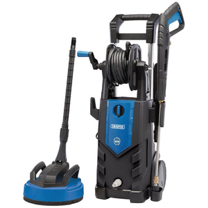 The Draper Pressure Washer, 2100W, 165Bar - PW2100I/110D by Draper features a brushless motor and surface cleaner attachment in a sleek black and blue design. It also includes a coiled hose and wheels for easy portability.