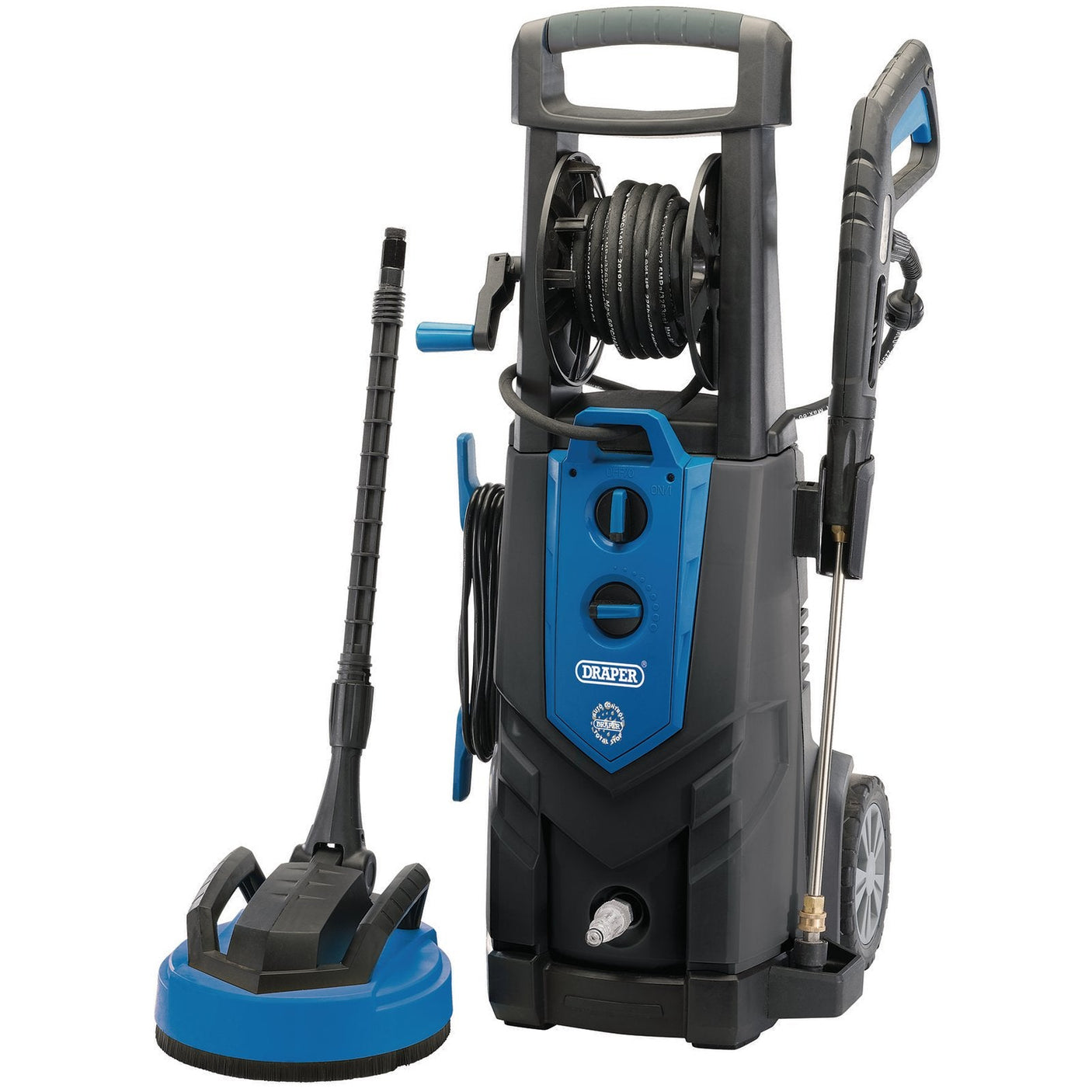 Introducing the Draper Pressure Washer, 2500W, 195Bar - PW2500I/130D, featuring a blue and black design with an induction motor. The washer is equipped with wheels, a hose reel, and an attached nozzle. Additionally, it includes a detachable brush head accessory for added versatility.