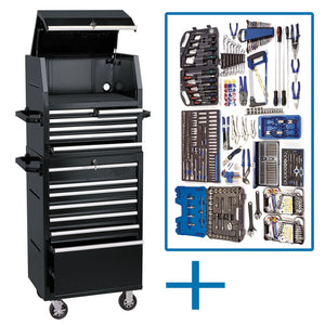 A Draper Workshop Tool Kit (H) - DTKDTK2019A, featuring a black tool chest with multiple drawers, is displayed next to a neatly organized array of automotive workshop tools including wrenches, screwdrivers, pliers, and drill bits.