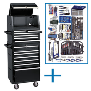 The Draper Workshop Tool Kit (I) - DTKDTK2019B, a black tool chest on wheels with multiple drawers, is shown next to an assortment of hand tools from Draper including wrenches, pliers, screwdrivers, and sockets arranged in an organized layout.