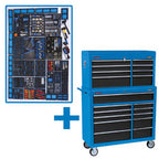 A Draper Mechanic's Megakit, 40" - DTMEGA2019 40 roller cabinet with multiple drawers and wheels is pictured next to an organized layout of tools and accessories.