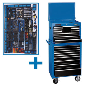 A stocked tool organizer is shown alongside a blue, multi-drawer Draper Mechanic's Megakit, 26" - DTMEGA2019 26 roller cabinet with its top lid open.