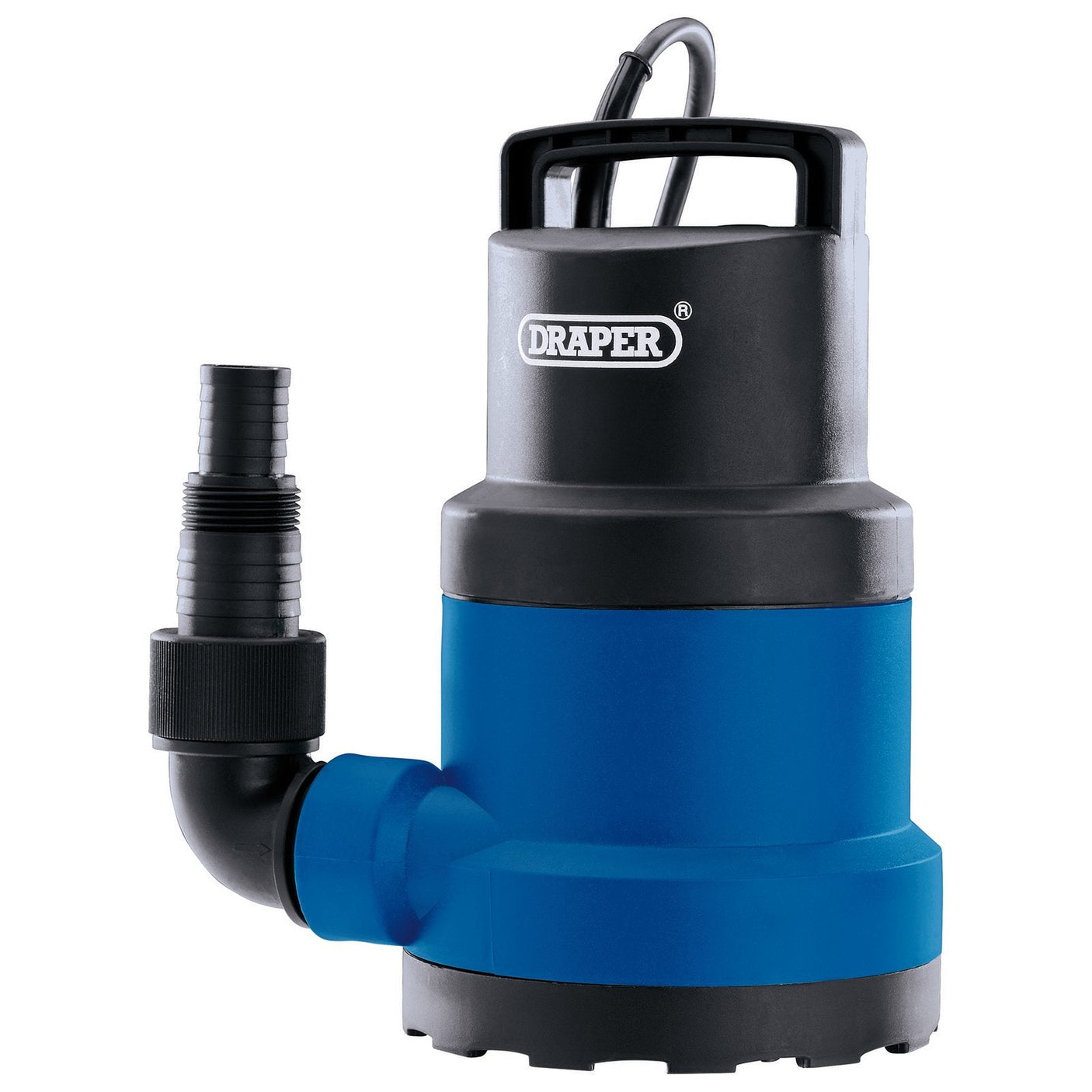 A Draper Submersible Clean Water Pump, model SWP121, with a capacity of 108L/Min and a 250W motor. It has a blue and black design featuring a carrying handle, the "Draper" logo, and a side hose outlet, making it ideal for garden irrigation.