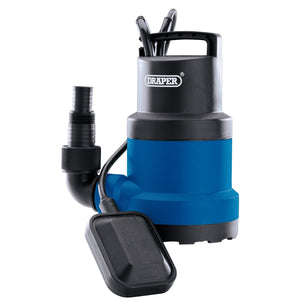 The Draper 230V Submersible Clean Water Pump with Float Switch (SWP120A), featuring a blue body and black top, is ideal for pumping water at a rate of 108L/Min while irrigating gardens and draining various applications.