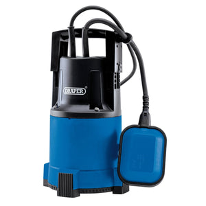 This image features a Draper 110V Submersible Clean Water Pump, model SWP105A110, designed to pump 100 liters per minute with a power rating of 250W, complete with an attached power cable and float switch.