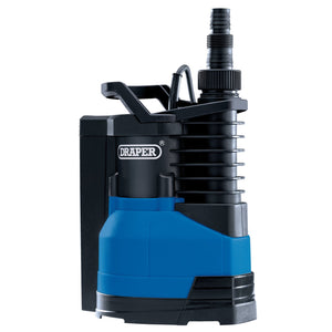 Image of a Draper Submersible Water Pump With Integral Float Switch, model SWP220IFS. This water pump features a blue and black plastic body with a top handle and hose attachment. Ideal for garden use, it has a flow rate of 216L per minute and includes thermal overload protection for added safety during operation.