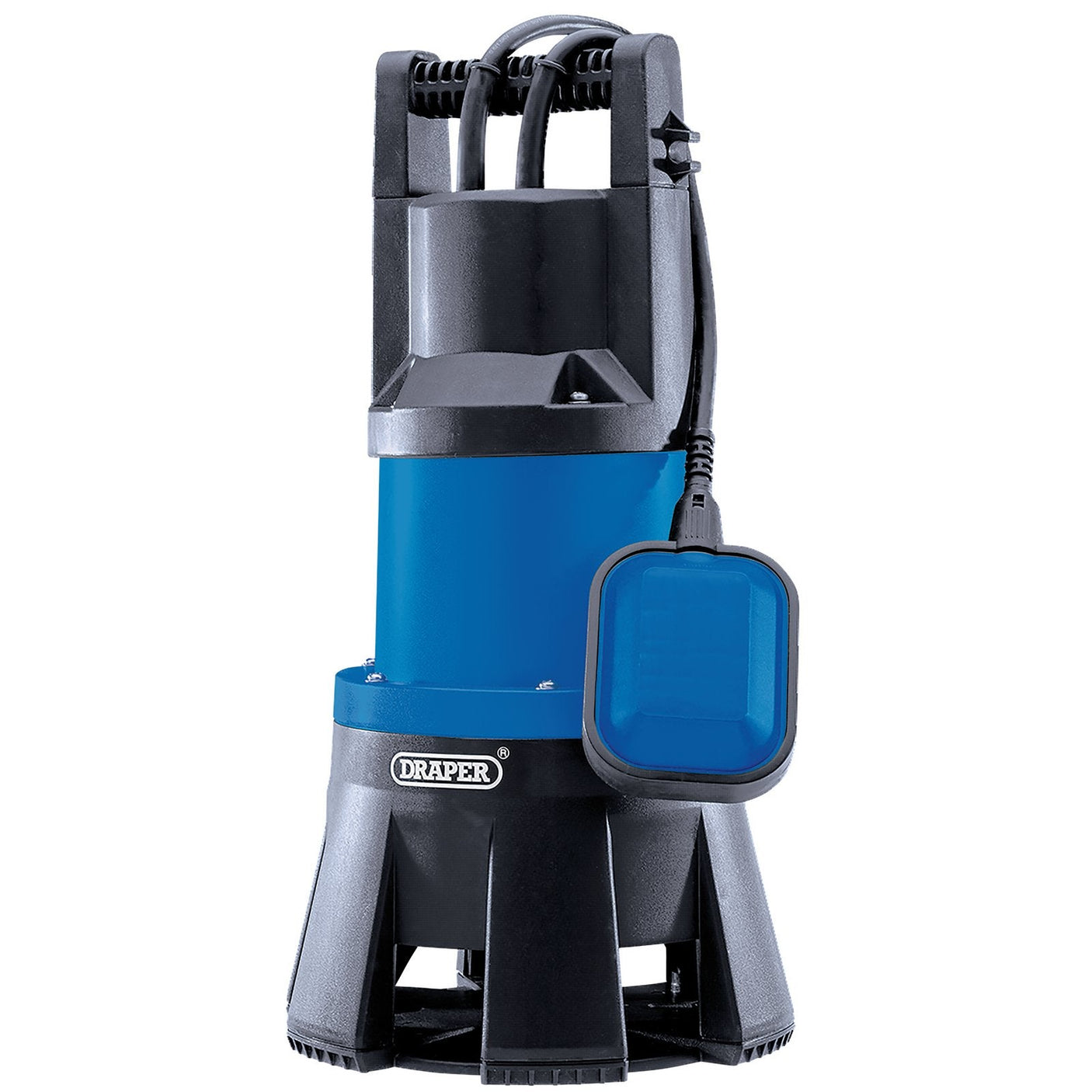 The **Draper 230V Submersible Dirty Water Pump With Float Switch, 416L/Min, 1300W - SWP420** is a heavy-duty pump designed for irrigation tasks, featuring a durable blue and black body with a black cord and attached float switch. For enhanced safety, it includes thermal overload protection.