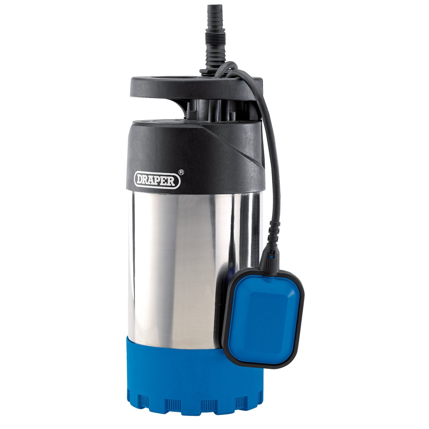 Introducing the Draper Deep Water Submersible Well Pump With Float Switch, 91L/Min, 1000W - DSWP1000A. This pump features a durable stainless steel body, blue base, black top, and an attached float switch. It is branded with the "Draper" logo and includes thermal overload protection for safety during high-pressure operations.