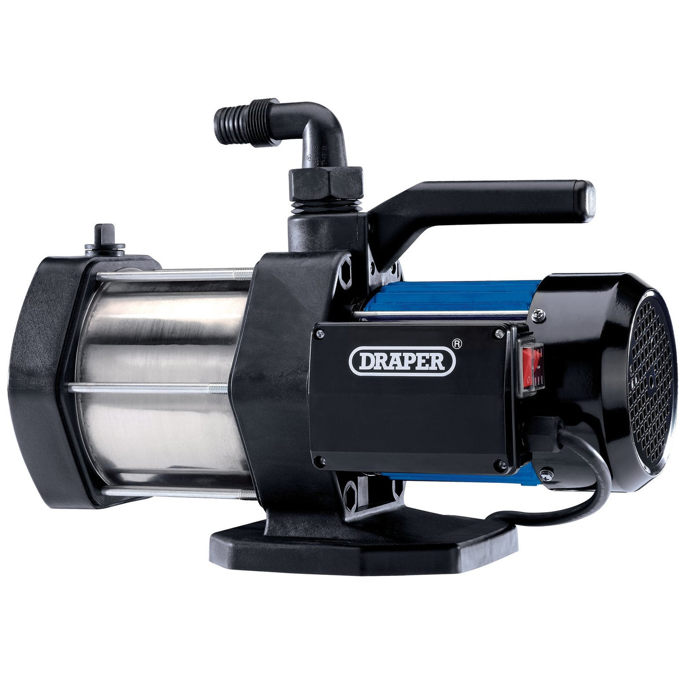 The **Draper Multi-Stage Surface Mounted Water Pump, 90L/Min, 1100W - SP90MS** features a black and blue exterior with a handle on top and a visible spout for water outlet. This reliable self-priming pump is equipped with thermal overload protection to ensure dependable operation under varying conditions.