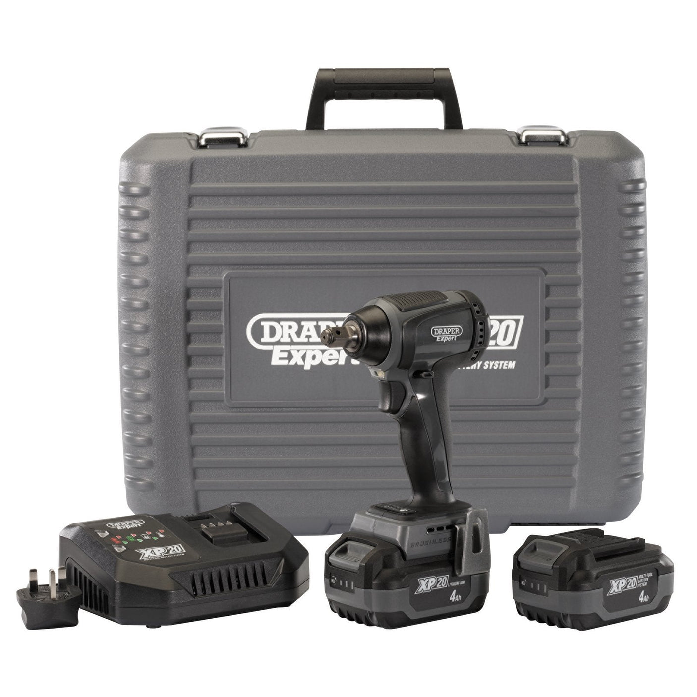 Draper Xp20 20V Brushless Impact Wrench, 1/2" Sq. Dr., 300Nm, 2 X 4.0Ah Batteries, 1 X Fast Charger - XP20IW1/2.300K - Farming Parts