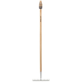 The Draper Heritage Stainless Steel Garden Rake With Ash Handle (DGRG/L) features a long wooden handle made from sustainable ash and vertical stainless steel tines.