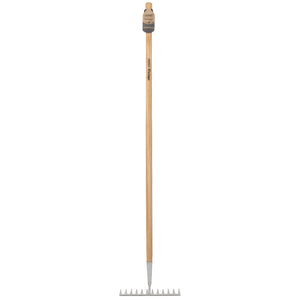 The Draper Heritage Stainless Steel Garden Rake With Ash Handle (DGRG/L) features a long wooden handle made from sustainable ash and vertical stainless steel tines.