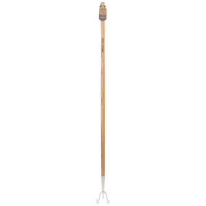 The Draper Heritage Stainless Steel 3 Prong Cultivator with an ash handle, model DGCG/L, features a long wooden handle crafted from sustainable timber and three stainless steel prongs at the end.