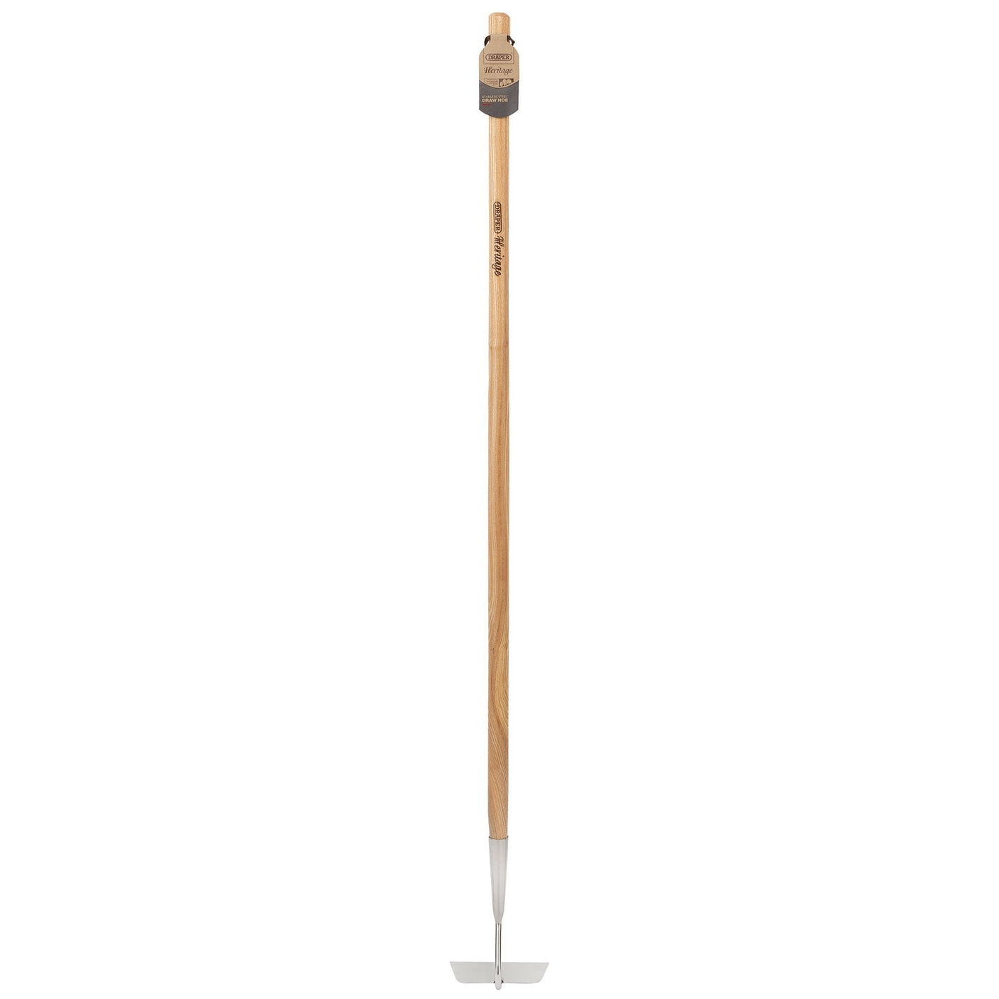 The Draper Heritage Stainless Steel Draw Hoe With Ash Handle - DGDHG/L is a traditional-style garden tool featuring a wood handle made from sustainable timber and a metal blade, complete with a tag near the top of the handle.