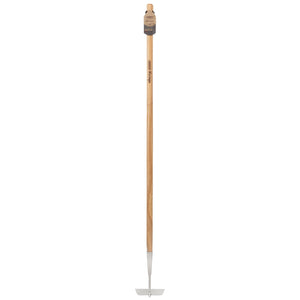 The Draper Heritage Stainless Steel Draw Hoe With Ash Handle - DGDHG/L is a traditional-style garden tool featuring a wood handle made from sustainable timber and a metal blade, complete with a tag near the top of the handle.