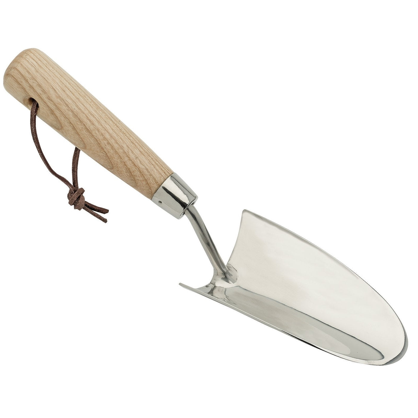 The Draper Heritage Stainless Steel Hand Trowel With Ash Handle - DGHTG/L by Draper features a polished stainless steel blade and a wooden handle made from sustainable ash timber, complete with a leather loop—crafted for the discerning gardener.