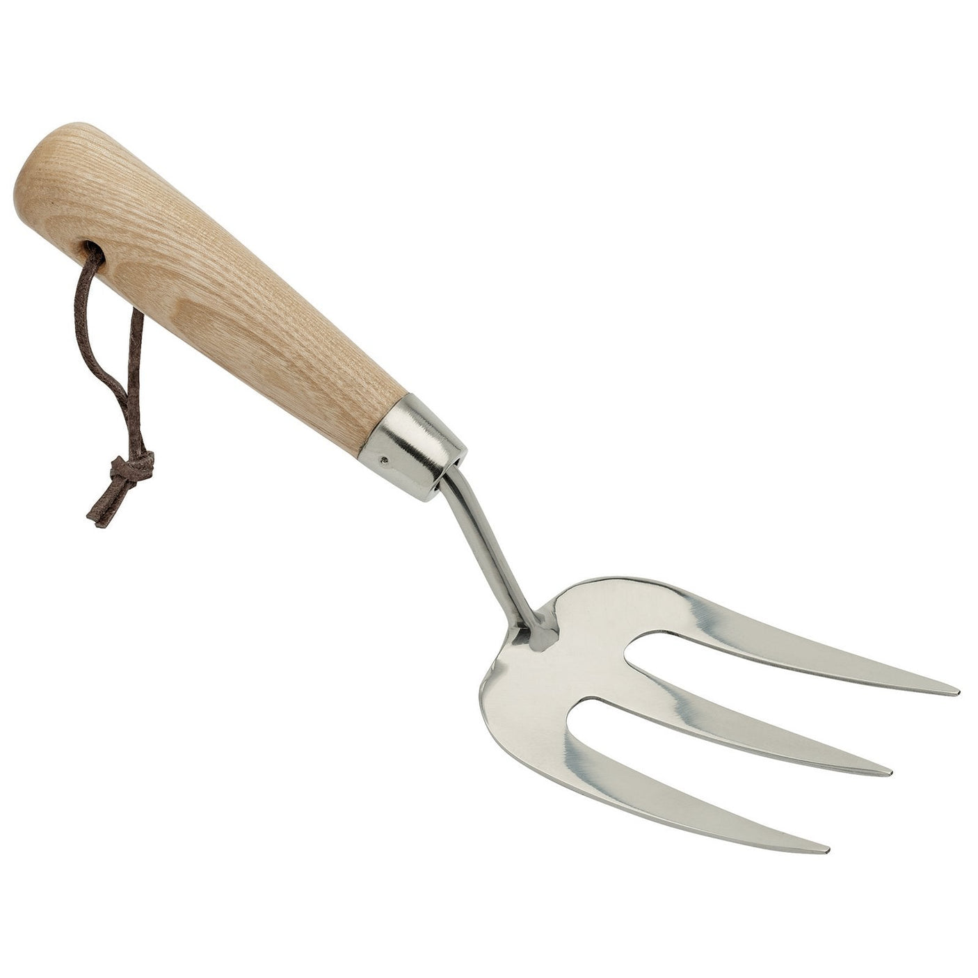 The Draper Heritage Stainless Steel Hand Weeding Fork With Ash Handle - DGHFG/L is a gardening hand fork that features a traditional style, with a sustainable ash timber handle and three sturdy stainless steel prongs.