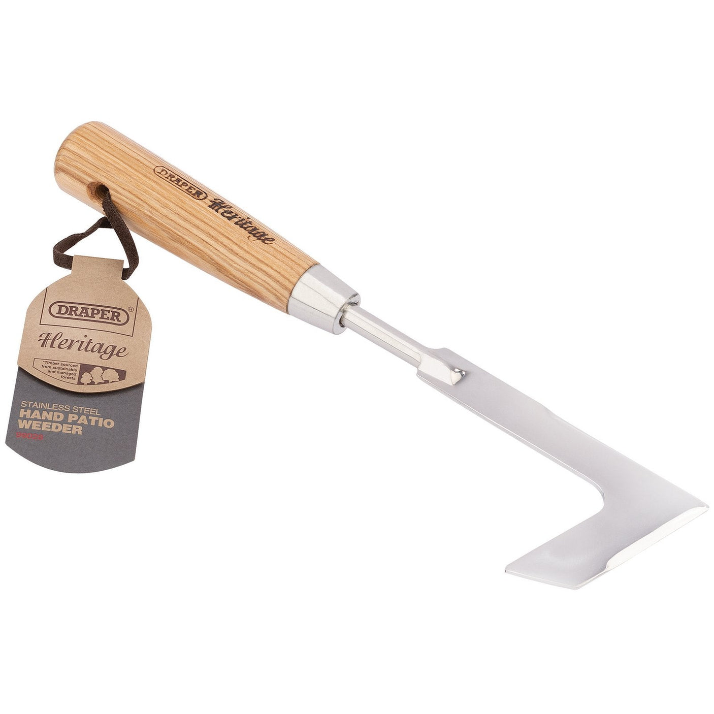 A traditional gardening tool, the Draper Heritage Stainless Steel Hand Patio Weeder with Ash Handle (DGHPWG/L) features a sustainable timber handle and proudly displays the Draper Heritage label.