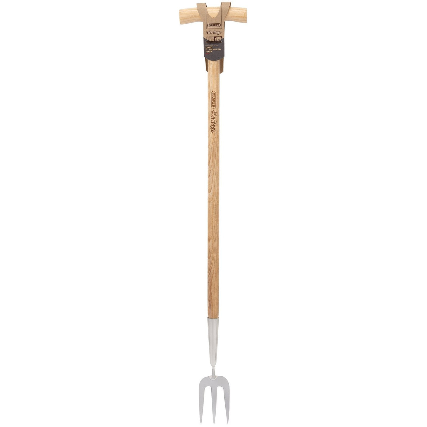 The Draper Heritage Stainless Steel Fork With Ash Long Handle - GLTFG/L, by Draper, features a long ash handle crafted from sustainable timber and a small, three-pronged metal head, embodying traditional style.