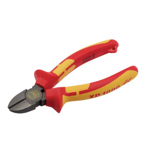 The Draper XP1000® VDE Diagonal Side Cutter, 140mm, Tethered - XP1000SC features red and yellow insulated ergonomic soft grip handles and a grey metal head, designed for electrical work up to 1000V. These diagonal cutting pliers also come with induction-hardened jaws for enhanced durability.