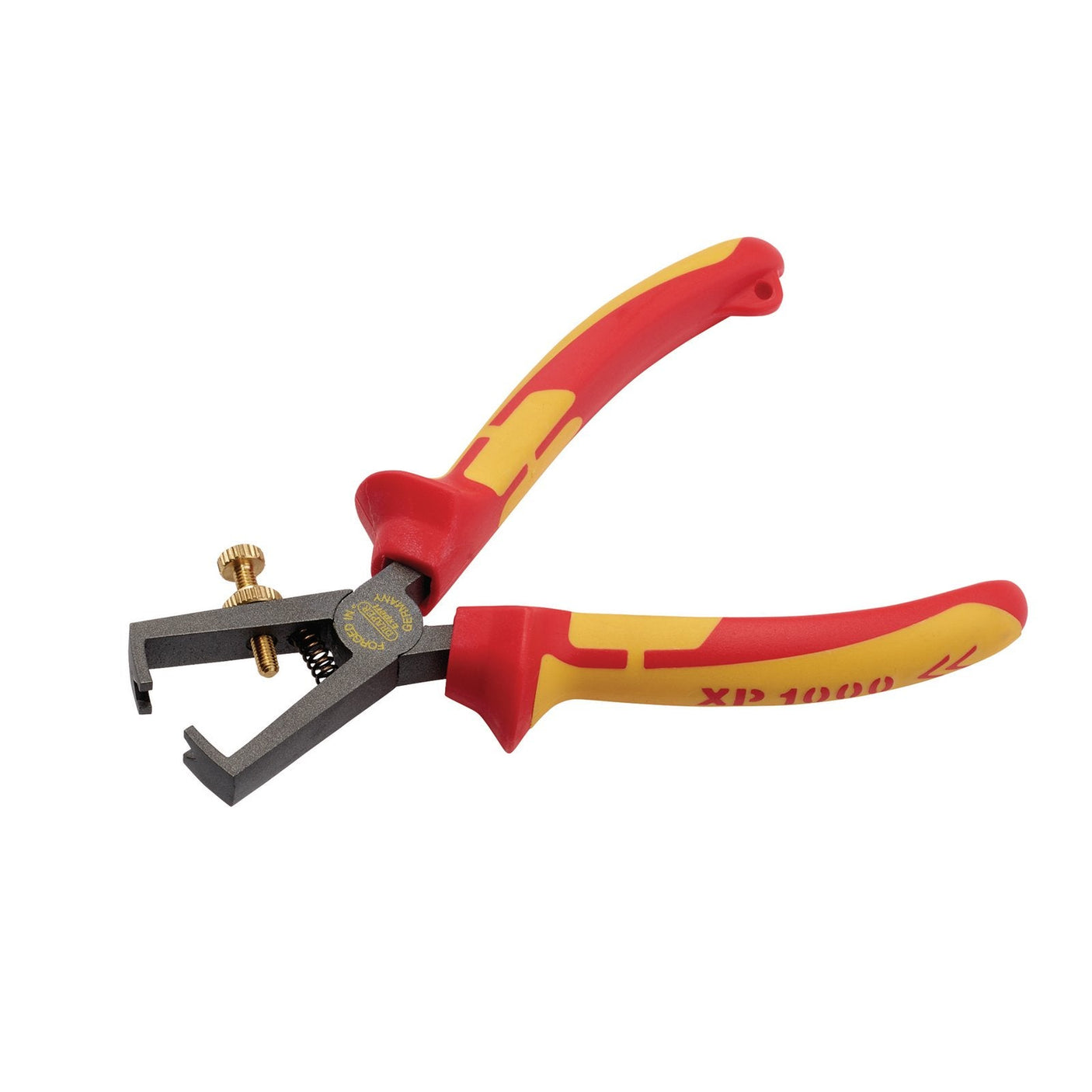 The Draper XP1000® VDE Wire Strippers, 160mm, Tethered - XP1000WS features a red and yellow design, an ergonomic soft grip handle, and induction-hardened jaws. This tool includes a screw adjustment mechanism for precise insulation removal from electrical wires.