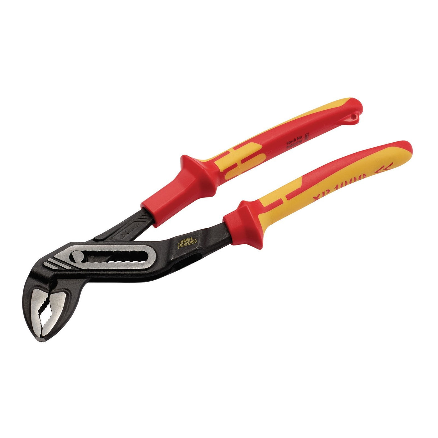 Image of Draper Xp1000® VDE Water Pump Pliers, 250mm, Tethered - XP1000WP with red and yellow insulated handles, featuring induction-hardened jaws.