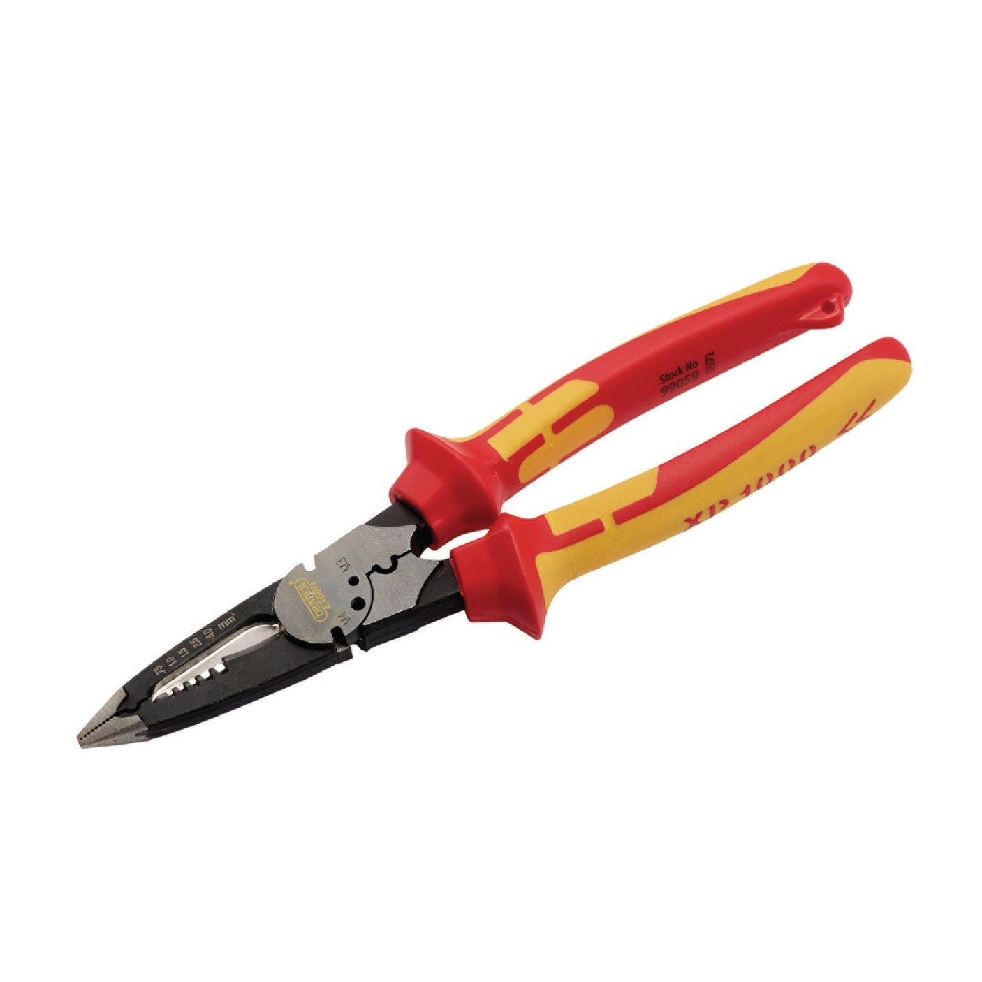 The Draper Xp1000® Vde Multi-Purpose Pliers, measuring 225mm and tethered, come equipped with insulated red and yellow handles, expertly designed for cutting, gripping, and bending wires. Essential for any electrician tool kit.