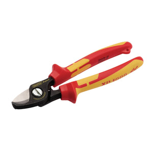 A pair of red and yellow insulated wire cutters branded as "Draper Xp1000® Vde Cable Shears, 170mm, Tethered - XP1000CS," featuring an ergonomic soft grip handle for enhanced comfort.