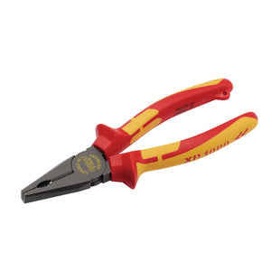 A pair of red and yellow Draper Xp1000® Vde Combination Pliers, 180mm, Tethered - XP1000CP with induction-hardened jaws, featuring a side cutter, ergonomic soft grip handle, sturdy grip, and certification markings.