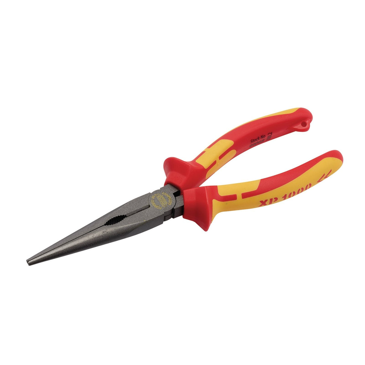 A pair of Draper Xp1000® Vde Long Nose Pliers, 200mm, Tethered - XP1000LN crafted from premium steel, featuring red and yellow insulated handles with an ergonomic soft grip.