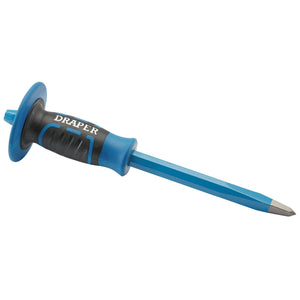 A Draper Expert Point Chisel with Guard, 300 x 16mm - BD10G/EP, featuring a blue and black pointed tip and an octagonal shank along with a protective hand guard.