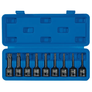 The Draper Tx-Star® Socket Bit Set, 1/2" Sq. Dr. (9 Piece) - 410/9/TX features nine Torx socket bits of varying sizes, expertly arranged in a single row within a blue plastic case. These sockets are crafted from durable Chrome Molybdenum steel to provide exceptional strength and corrosion protection.