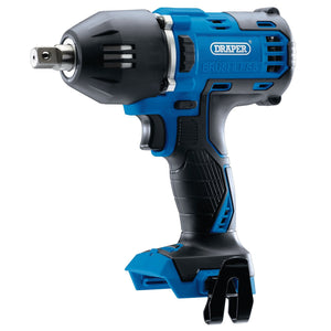 A blue and black Draper D20 20V Brushless Mid-Torque Impact Wrench (model D20IW400/2), featuring a sturdy handle, compact design, and 1/2" square drive with 400Nm torque. Compatible with the versatile D20 multi-tool battery system, it is sold bare of batteries.