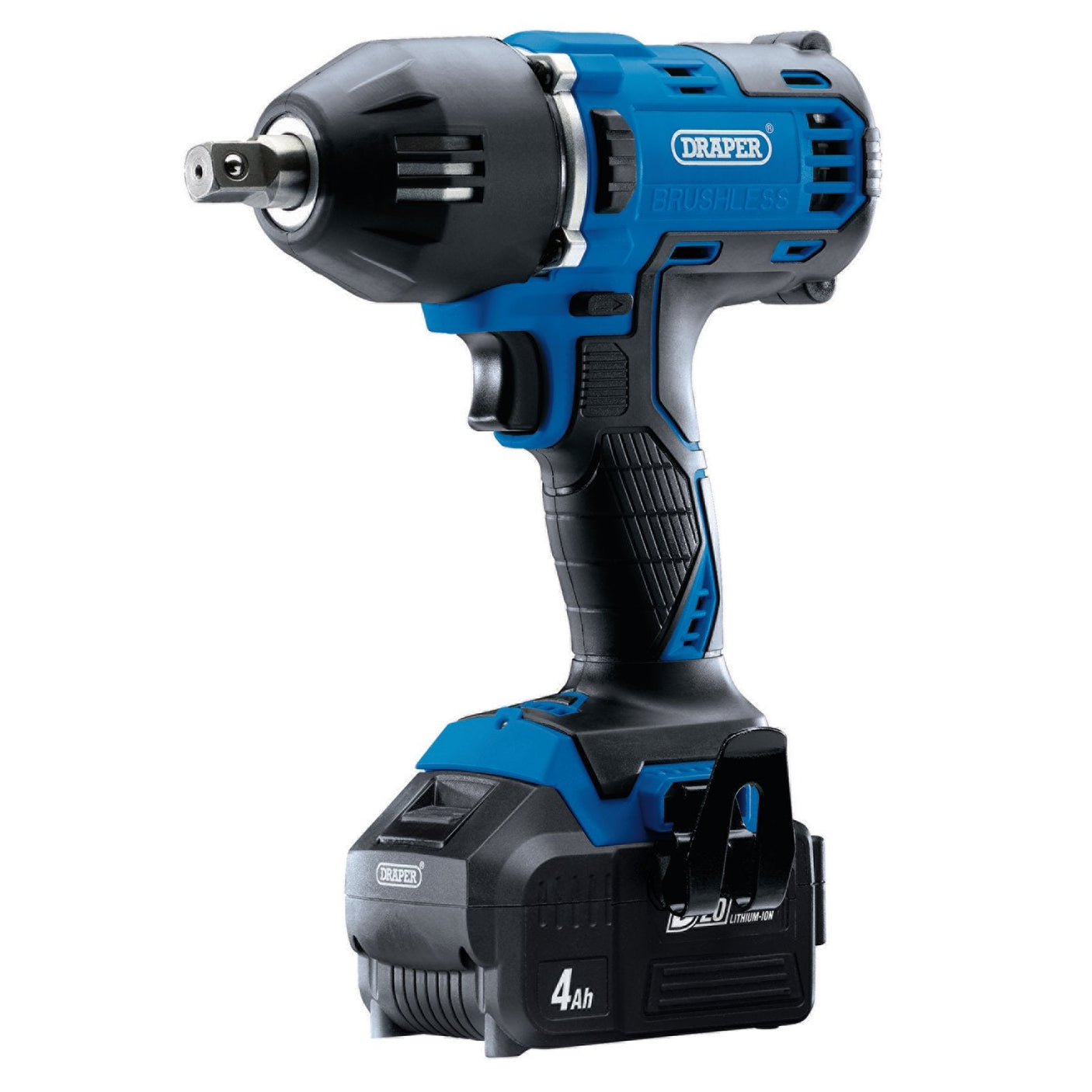 The Draper D20 20V Brushless Mid-Torque Impact Wrench, 1/2" Sq. Dr., 400Nm in blue and black comes with two powerful 4.0Ah batteries attached at the base and includes a charger.