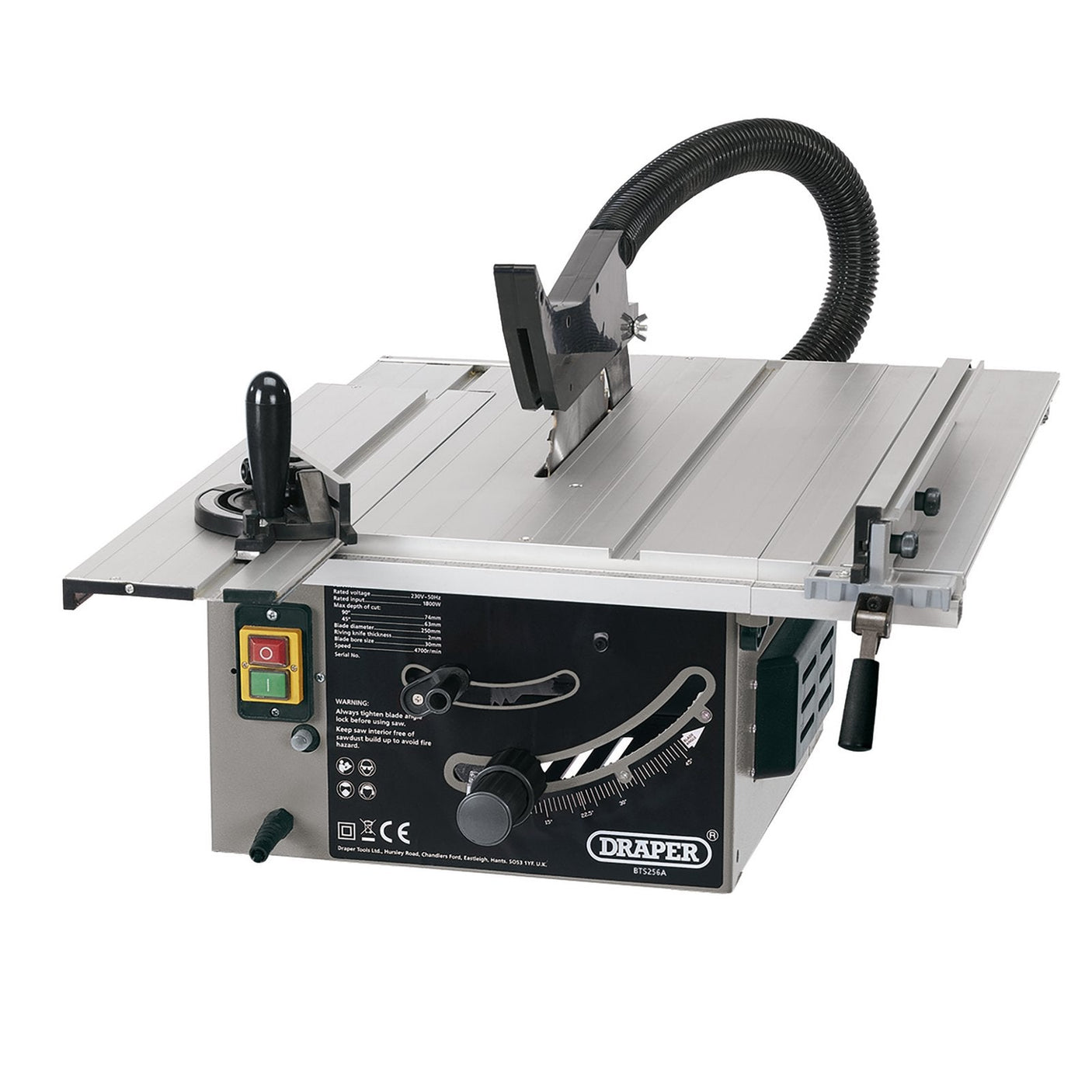 The Draper Sliding Table Saw, 250mm, 1800W - BTS256A features a grey metal body, powerful 1800W motor, adjustable angle gauge, black power switch, and an attached vacuum hose. Perfect for the woodworking enthusiast.