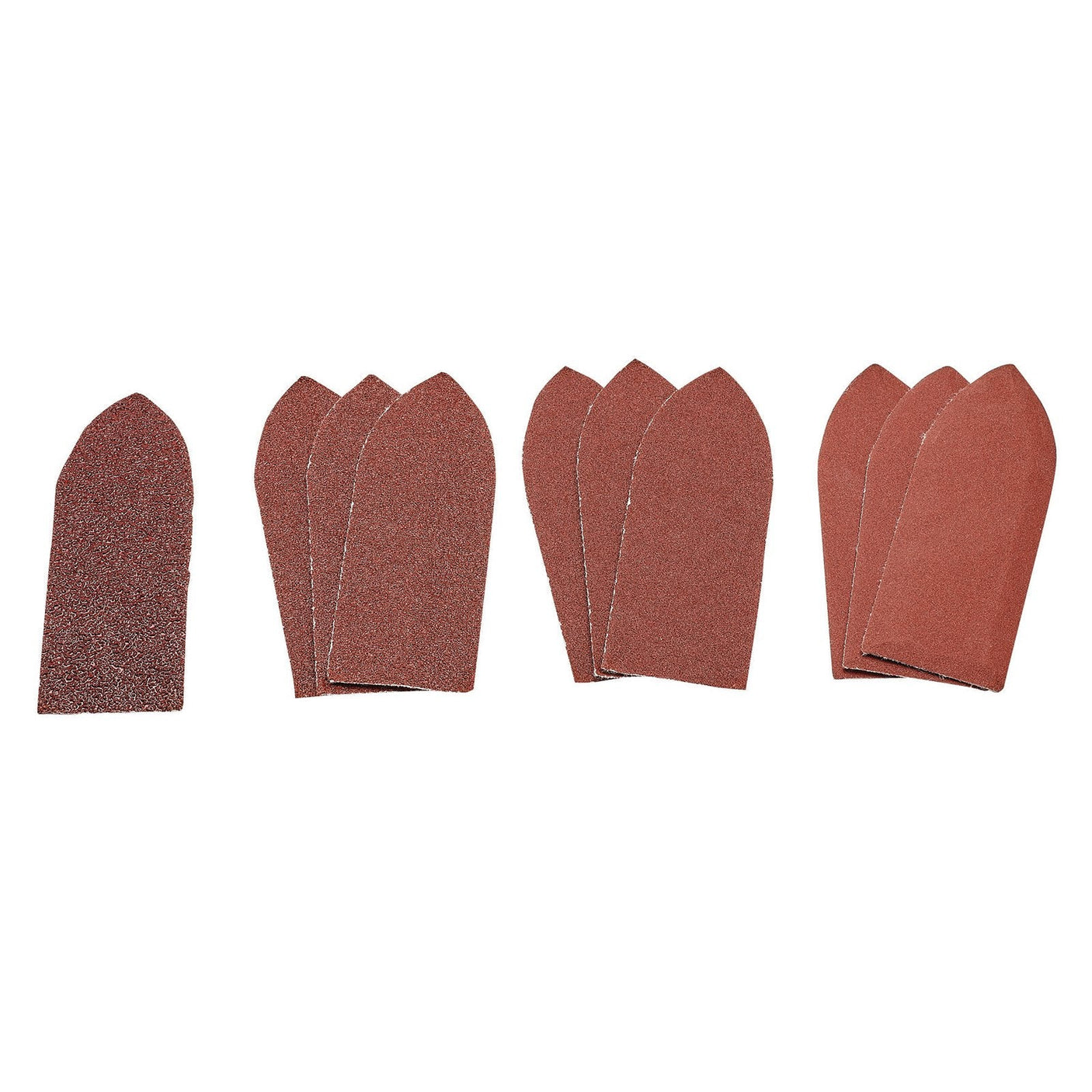 A pack of ten Draper Assorted Hook And Loop Aluminium Oxide Sanding Sheets, each measuring 32 x 92mm, with one sheet separate on the left and the other nine pointed at one end and placed in rows.