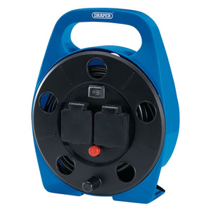 The Draper 2 Way Cable Reel With LED Worklight, 10M - DCR10/LED is a blue and black portable electrical extension reel featuring two socket outlets and a red power button on the front. The brand name "Draper" is prominently displayed at the top, and this Limited Edition extension lead also includes an integrated LED light for easy usage in dark spaces.