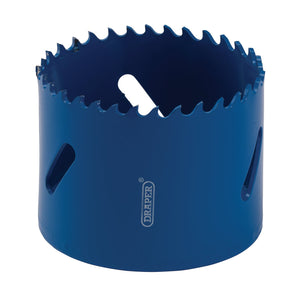 A blue, cylindrical heavy-duty hole saw with sharp, jagged teeth, designed for use with power drills. It features a durable M3 steel cutting edge and the brand name "Draper" printed on its side. The product is named "Draper HSS Bi-Metal Hole Saw, 59mm - HSP.