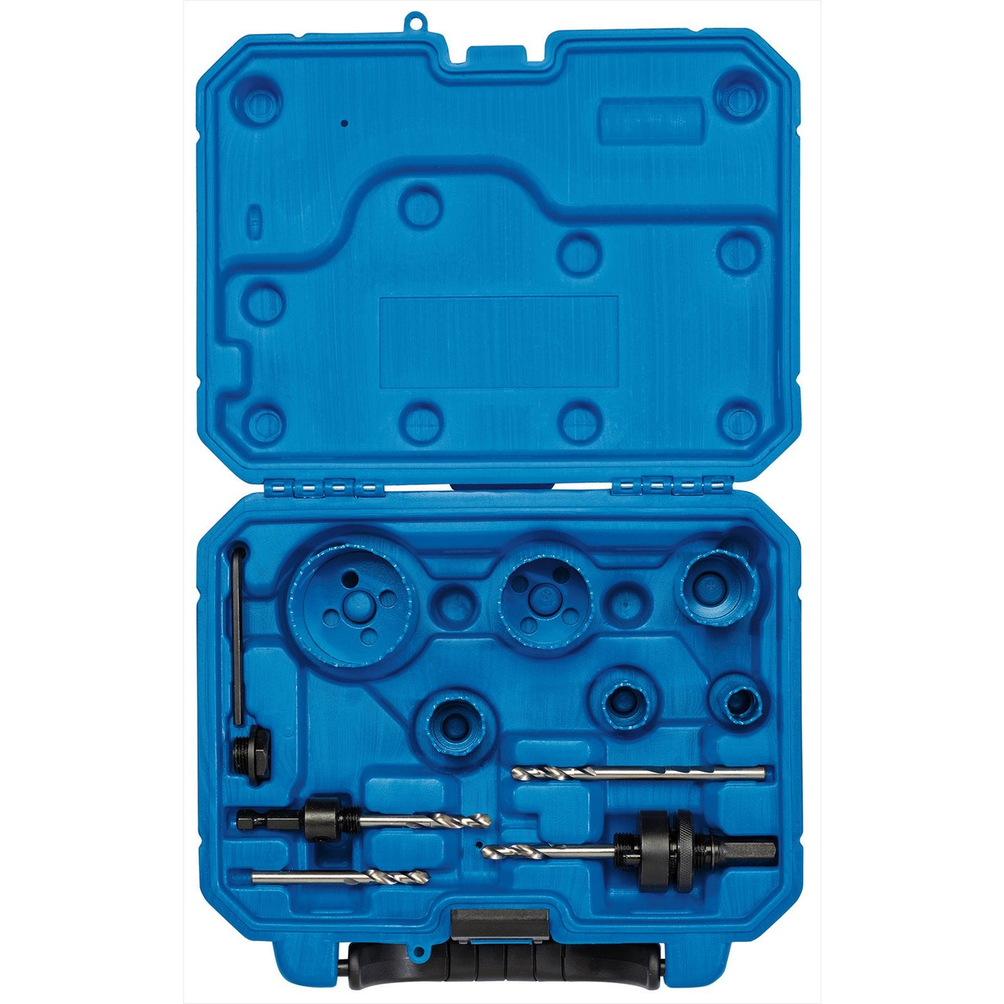 The Draper Electrician's Hole Saw Kit (12 Piece) - HSE/12 is a blue hard plastic tool case containing various drill bits, bi-metal hole saws, and related accessories, all organized in designated slots. The case is open with the contents visible.