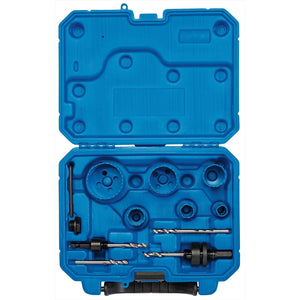 The Draper Electrician's Hole Saw Kit (12 Piece) - HSE/12 is a blue hard plastic tool case containing various drill bits, bi-metal hole saws, and related accessories, all organized in designated slots. The case is open with the contents visible.