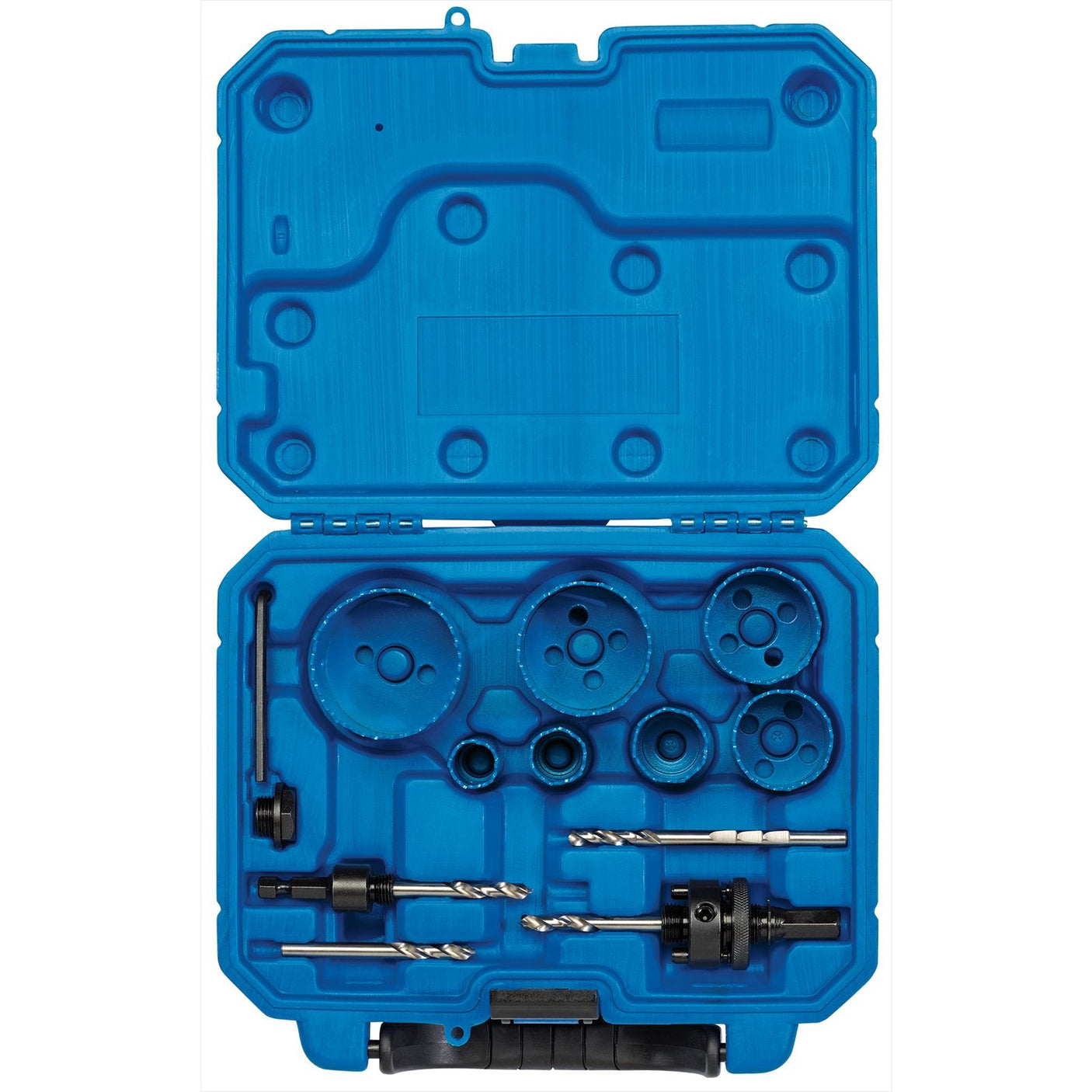 A blue plastic case containing the Draper Plumber's Hole Saw Kit (13 Piece) - HSP/13, featuring various sizes of bi-metal saw blades and drill bits. The case has a molded interior to securely hold the tools, which include an M3 steel cutting edge for durability.